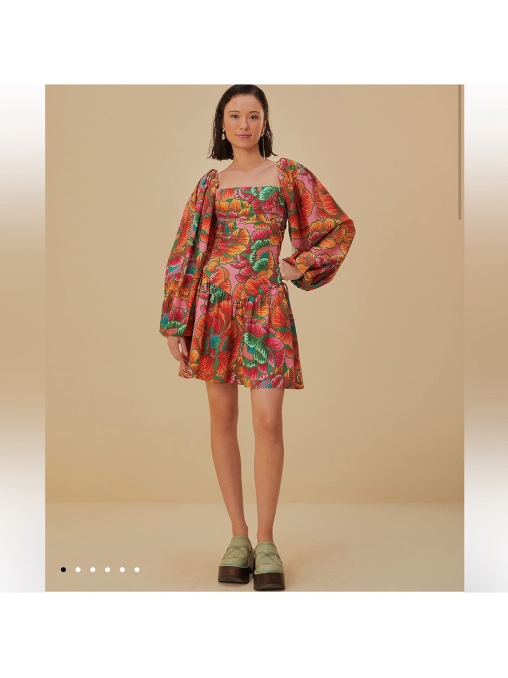 FARM Rio Orange Pink Green Floral Puff-Sleeve Mini Dress - Picture 7 of 8